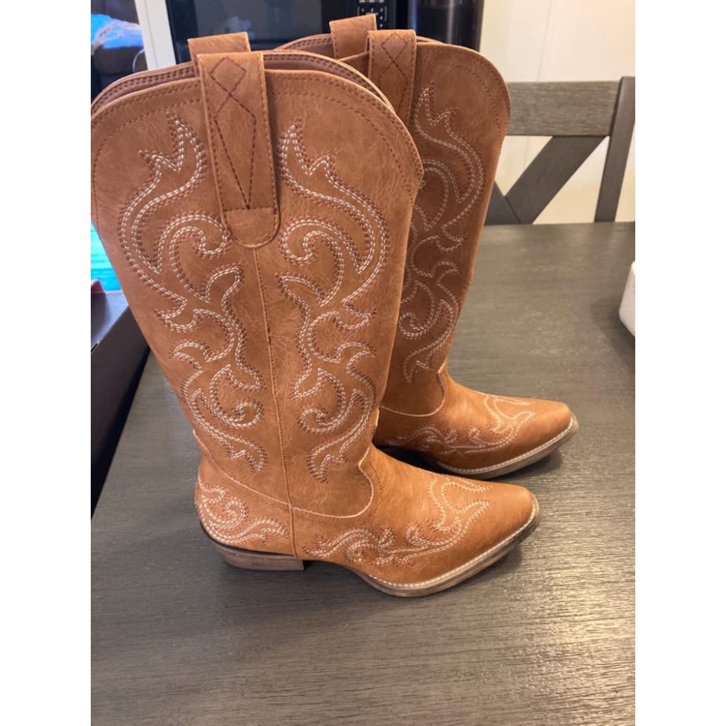 Women Brown Synthetic Leathers Cowgirl Chunky Heel Snip Toe Mid-Calf Boots
